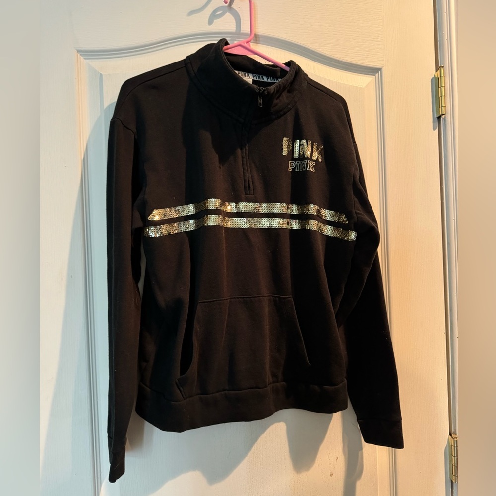 Victoria’s Secret Pink Vintage Black Half zip Sweatshirt  w Sequin Logo Small